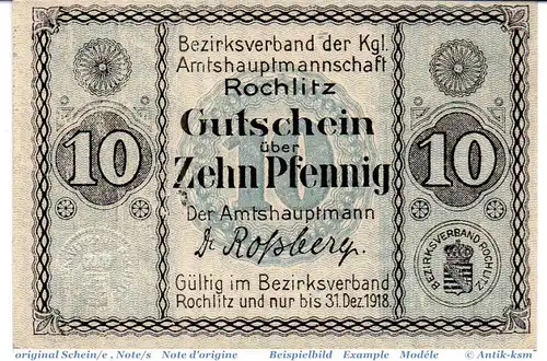 Notgeld Rochlitz , 10 Pfennig Schein in kfr. Tieste 6080.05.05 , o.D. Sachsen Verkehrsausgabe