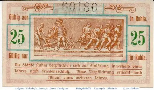 Notgeld Ruhla , 25 Pfennig Schein in kfr. Tieste 6300.05.01 , von 1918 , Thüringen Verkehrsausgabe