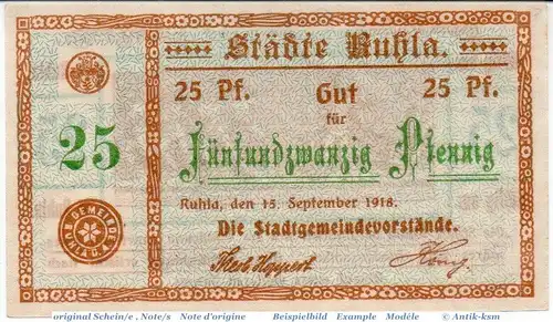 Notgeld Ruhla , 25 Pfennig Schein in kfr. Tieste 6300.05.01 , von 1918 , Thüringen Verkehrsausgabe