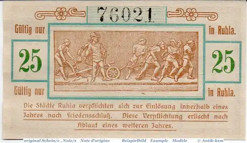 Notgeld Ruhla , 25 Pfennig Schein in kfr. Tieste 6300.05.10 , von 1918 , Thüringen Verkehrsausgabe