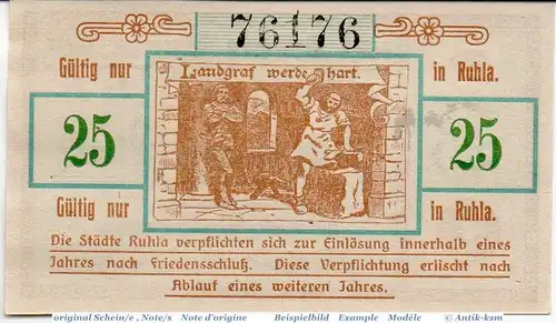 Notgeld Ruhla , 25 Pfennig Schein in kfr. Tieste 6300.05.15 , von 1918 , Thüringen Verkehrsausgabe