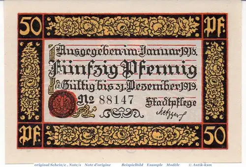 Notgeld Rottweil , 50 Pfennig Schein 3. Aufl. in kfr. Tieste 6265.05.10 , von 1918 , Württemberg Verkehrsausgabe