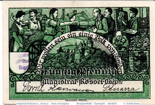 Notgeld Rössel , 50 Pfennig Schein in kfr. Tieste 6115.10.20 , von 1920 , Ostpreussen Verkehrsausgabe