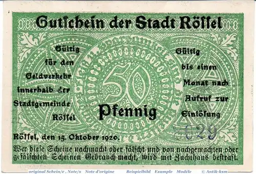 Notgeld Rössel , 50 Pfennig Schein in kfr. Tieste 6115.10.20 , von 1920 , Ostpreussen Verkehrsausgabe