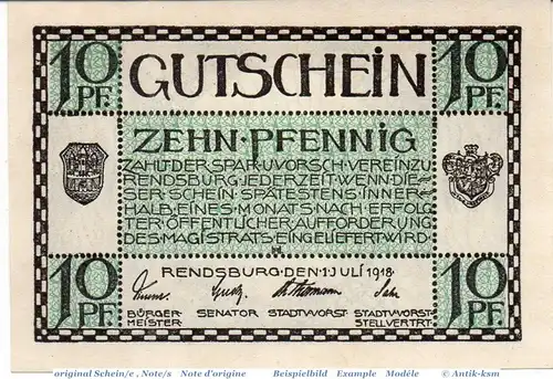 Notgeld Rendsburg , 10 Pfennig Schein in kfr. Tieste 6025.05.10 , von 1918 , Schleswig Holstein Verkehrsausgabe