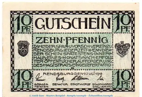 Notgeld Stadt Rendsburg 6025.05.05 , 10 Pfennig o.Wz. in kfr. von 1918 , Schleswig Holstein Verkehrsausgabe