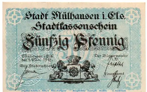 Notgeld Stadt Mühlhausen 4660.05.05 , 50 Pfennig Schein in kfr. von 1918 , Elsass Verkehrsausgabe