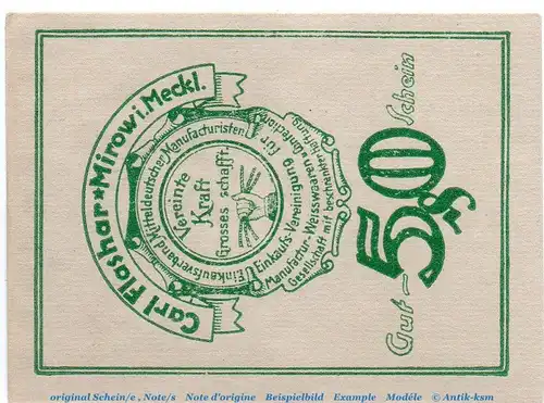 Notgeld Carl Flashar Mirow 4580.05.04 , 50 Pfennig Schein in kfr. o.D. , Mecklenburg Vorpommern Verkehrsausgabe