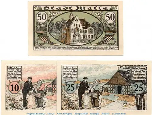 Notgeld Stadt Melle 4475.05.30-32 , Set mit 3 Scheinen in kfr. von 1920 , Hannover Verkehrsausgabe