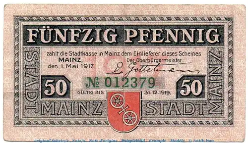 Notgeld Stadt Mainz 4350.15.01 , 50 Pfennig Schein in gbr. von 1917 , Hessen Verkehrsausgabe
