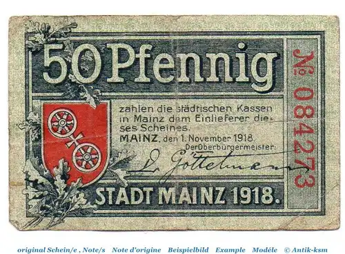 Notgeld Stadt Mainz 4350.15.05 , 50 Pfennig Schein in gbr. von 1918 , Hessen Verkehrsausgabe