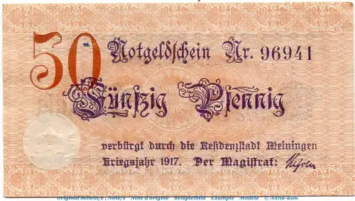Notgeld Stadt Meiningen 4465.10.01 , 50 Pfennig Schein in kfr. von 1917 , Thüringen Verkehrsausgabe