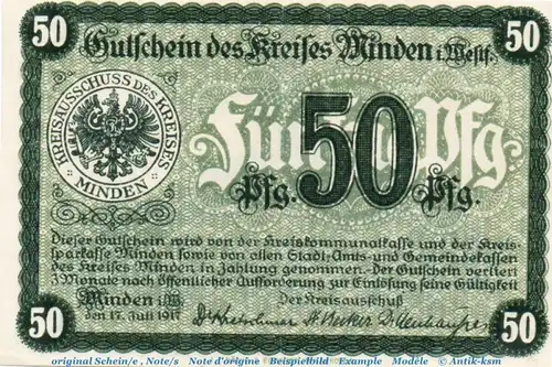 Notgeld Kreis Minden 4575.05.03 , 50 Pfennig Schein in f-kfr. von 1917 , Westfalen Verkehrsausgabe