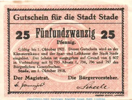 Notgeld Stadt Stade 7040.05.06 , 25 Pfennig Schein in kfr. von 1918 , Niedersachsen Verkehrsausgabe