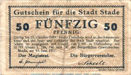 Notgeld Stadt Stade 7040.05.03 , 50 Pfennig Schein in gbr. von 1917 , Niedersachsen Verkehrsausgabe