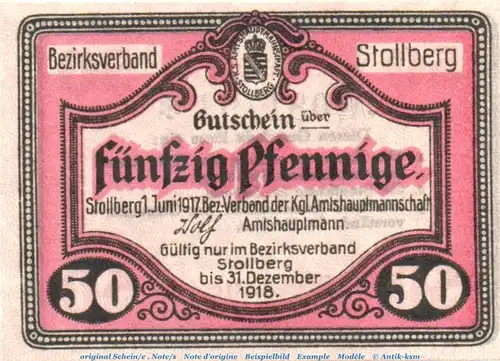 Notgeld Amtshauptmannschaft Stollberg 1705.05.03 , 50 Pfennig Schein in kfr. von 1917 , Sachsen Verkehrsausgabe