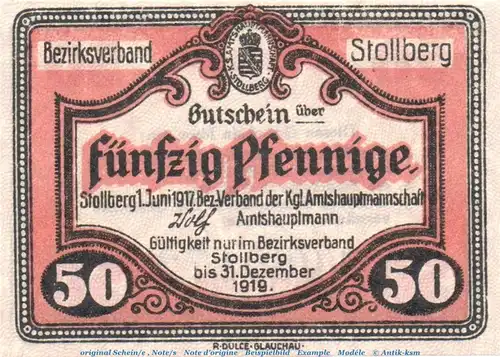 Notgeld Amtshauptmannschaft Stollberg 1705.05.06 , 50 Pfennig Schein in kfr. von 1917 , Sachsen Verkehrsausgabe