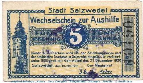 Notgeld der Stadt Salzwedel 6375.10.45 , 5 Pfennig Z-Muster in kfr. von 1917 , Sachsen Anhalt Verkehrsausgabe