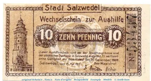 Notgeld der Stadt Salzwedel 6375.10.36 , 10 Pfennig Schein in kfr. von 1917 , Sachsen Anhalt Verkehrsausgabe