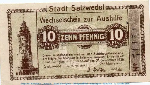 Notgeld Stadt Salzwedel 6375.10.56 , 10 Pfennig Schein in kfr. von 1917 , Sachsen Anhalt Verkehrsausgabe