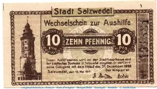 Notgeld Stadt Salzwedel 6375.10.65 , 10 Pfennig Schein in kfr. von 1917 , Sachsen Anhalt Verkehrsausgabe