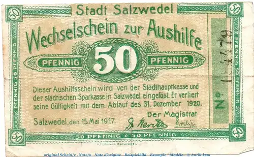 Notgeld Stadt Salzwedel 6375.10.20 , 50 Pfennig Schein in gbr. von 1917 , Sachsen Anhalt Verkehrsausgabe