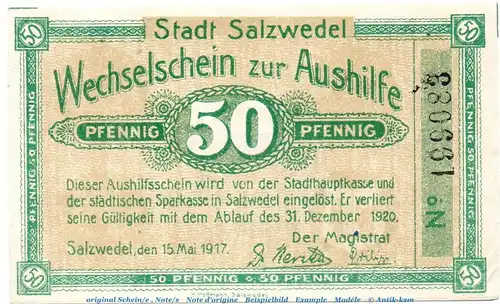 Notgeld Stadt Salzwedel 6375.10.25 , 50 Pfennig Schein in kfr. von 1917 , Sachsen Anhalt Verkehrsausgabe