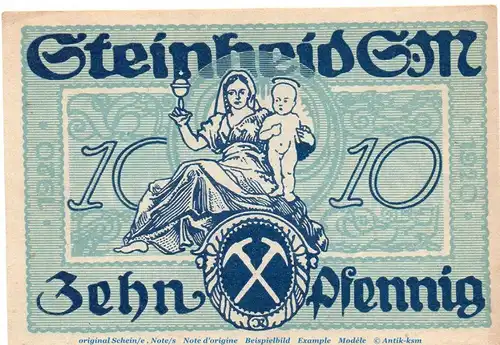 Notgeld Gemeinde Steinheid 7125.05.15 , 10 Pfennig Schein in kfr. von 1920 , Sachsen Verkehrsausgabe