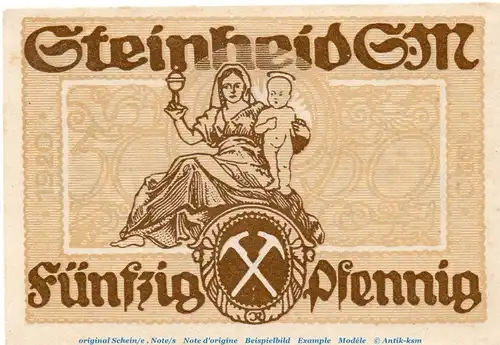 Notgeld Gemeinde Steinheid 7125.05.07 , 50 Pfennig Schein in kfr. von 1920 , Sachsen Verkehrsausgabe