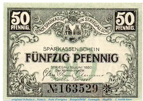 Notgeld Sparkasse Striegau 7205.15.21 , 50 Pfennig blassgrün in kfr. von 1920 , Schlesien Verkehrsausgabe