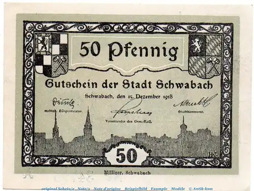 Notgeld Stadt Schwabach 6715.15.25 , 50 Pfennig graugrün in kfr. von 1918 , Bayern Verkehrsausgabe