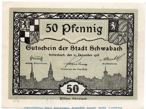 Schwabach , Notgeld 50 Pfennig Schein unc-kfr. Ti.6715.10.25 , Bayern 1918 Verkehrsausgabe