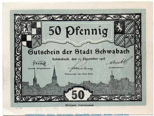 Notgeld Stadt Schwabach 6715.15.30 , 50 Pfennig hellblau in kfr. von 1918 , Bayern Verkehrsausgabe