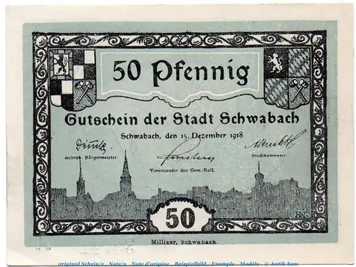 Schwabach , Notgeld 50 Pfennig Schein unc-kfr. Ti.6715.10.30 , Bayern 1918 Verkehrsausgabe