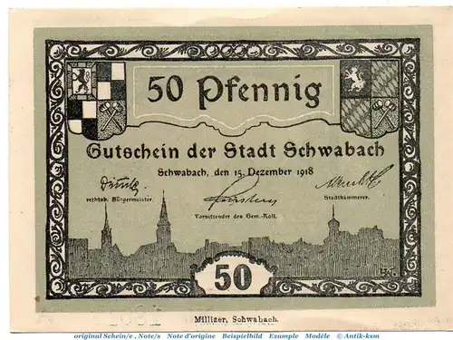 Notgeld Stadt Schwabach 6715.15.55 , 50 Pfennig graugrün in kfr. von 1918 , Bayern Verkehrsausgabe