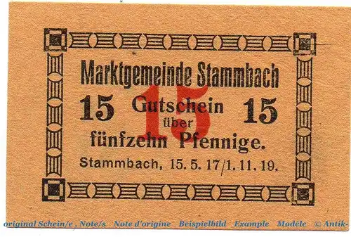 Notgeld Marktgemeinde Stammbach 7070.05.52  , 15 Pfennig Schein in kfr. von 1917 , Bayern Verkehrsausgabe