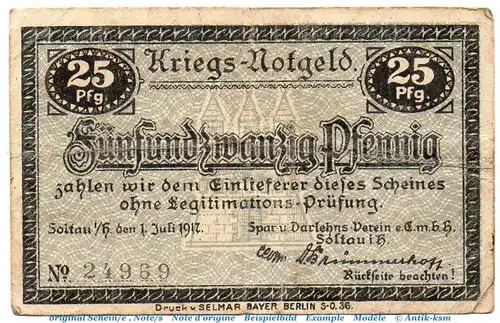 Notgeld Darlehnsverein Soltau 6965.05.01  , 25 Pfennig Schein in gbr. von 1917 , Niedersachsen Verkehrsausgabe