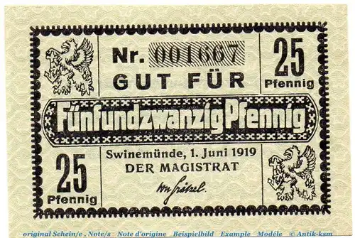 Notgeld Stadt Swinemünde 7245.05.15 , 25 Pfennig Schein in kfr. von 1919 , Pommern Verkehrsausgabe