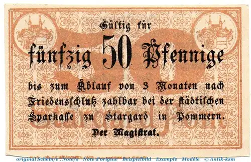 Notgeld Stadt Stargard 7080.10.06 , 50 Pfennig Schein in kfr. von 1917 , Pommern Verkehrsausgabe