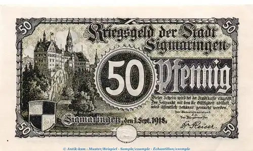 Notgeld Stadt Sigmaringen , 50 Pfennig h. Kreuze in kfr. von 1920 , Hohenzollern Verkehrsausgabe