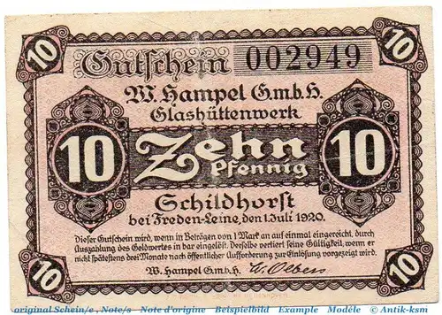 Notgeld W. Hempel Schildhorst 6505.05.01 , 10 Pfennig Schein in gbr. von 1920 , Niedersachsen Verkehrsausgabe