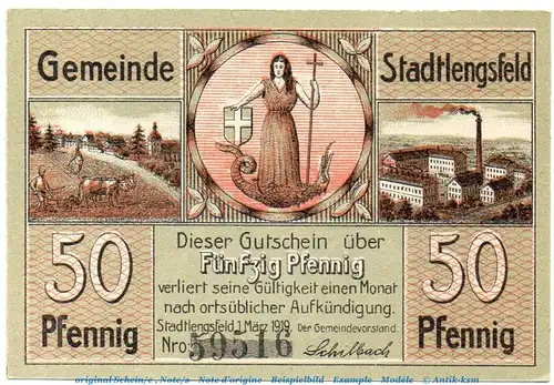 Notgeld Gemeinde Stadtlengsfeld 7055.05.61 , 50 Pfennig Schein in kfr. von 1919 , Sachsen Verkehrsausgabe