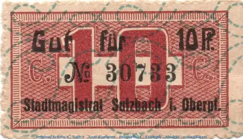 Notgeld Stadtmagistrat Sulzbach 7235.05.01 , 10 Pfennig Schein in kfr. o.D. , Bayern Verkehrsausgabe