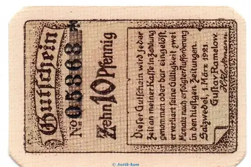 Notgeld G. Ramelow Salzwedel 6375.05.02 , 10 Pfennig Fehldruck in kfr. von 1921 , Sachsen Anhalt Verkehrsausgabe