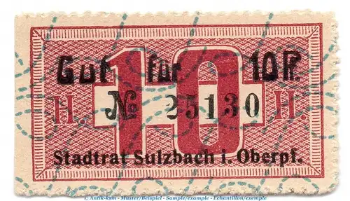 Notgeld Stedtrat Sulzbach 7235.05.05 , 10 Pfennig Schein in kfr. o.D. Bayern Verkehrsausgabe