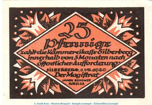 Notgeld Stadt Silberberg 6915.05.01 , 25 Pfennig Schein in kfr. von 1920 , Schlesien Verkehrsausgabe