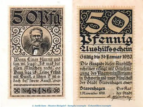 Notgeld Stadt Stavenhagen , 50 Pfennig Kn.5 in kfr. von 1919 , Mecklenburg Verkehrsausgabe