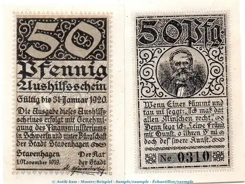 Notgeld Stadt Stavenhagen 7100.05.01 , 50 Pfennig Kn.4 in kfr. von 1919 , Mecklenburg Verkehrsausgabe