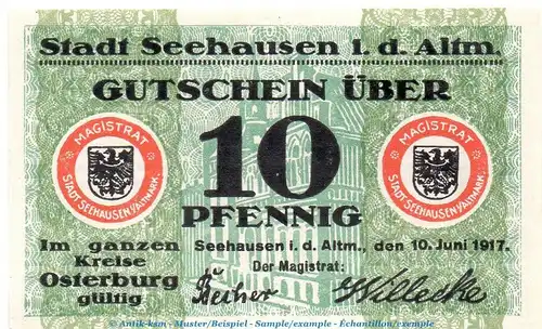 Notgeld Stadt Seehausen 6820.05.15 , 10 Pfennig Schein in kfr. von 1917 , Sachsen Verkehrsausgabe