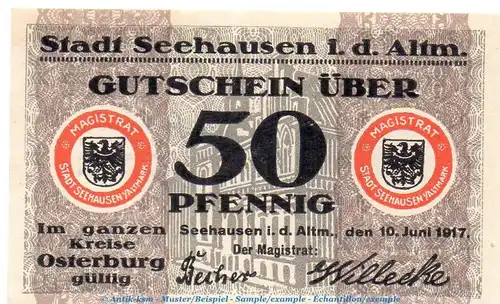 Notgeld Stadt Seehausen 6820.05.16 , 50 Pfennig Schein in kfr. von 1917 , Sachsen Verkehrsausgabe